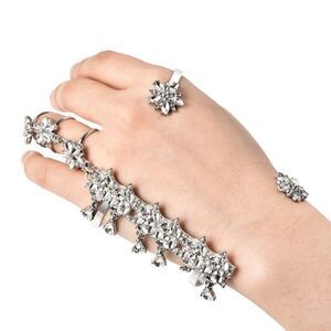 White Austrian Crystal, White Glass Statement Palm Cuff Bracelet (7-7.5 Inches)